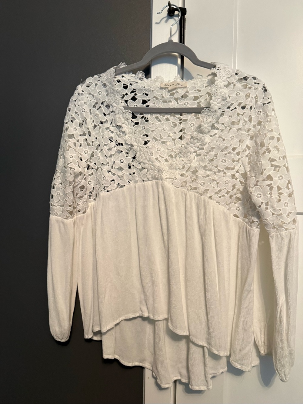 Women's Cream Lace Yoke Peasant Blouse - Elegant Long Sleeve Top